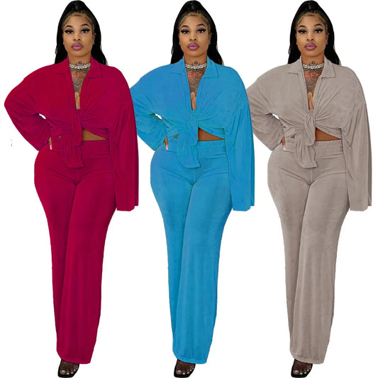 Velvet Solid Long Sleeve Turn Down Collar Blazer Jacket w/ Matching Sports Bra & Wide Leg Bodycon Pants Women's 3-Piece Set