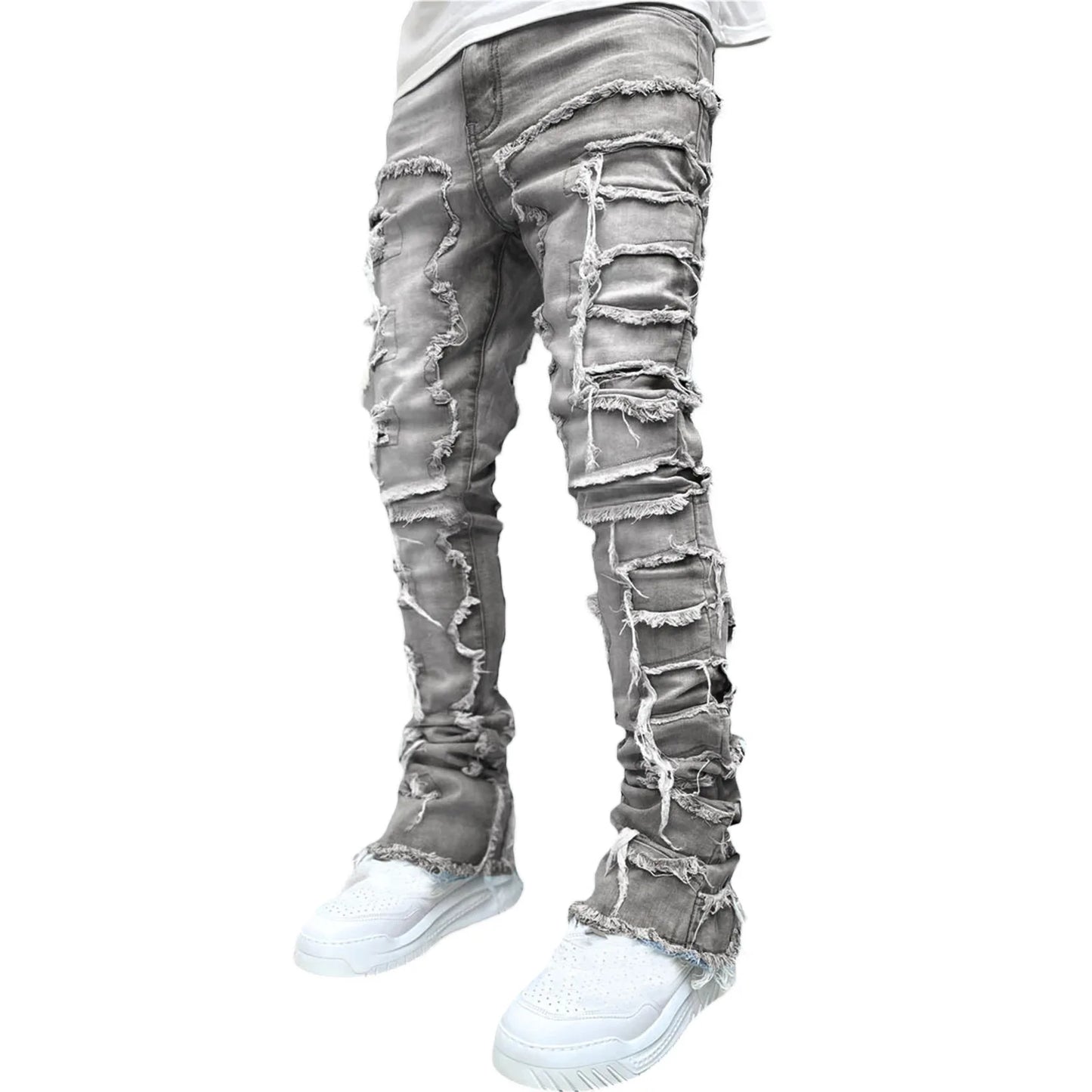 Men's Denim Fringe Ripped Hip-Hop Stretch Stacked Elastic Waist Straight Patchwork Jeans