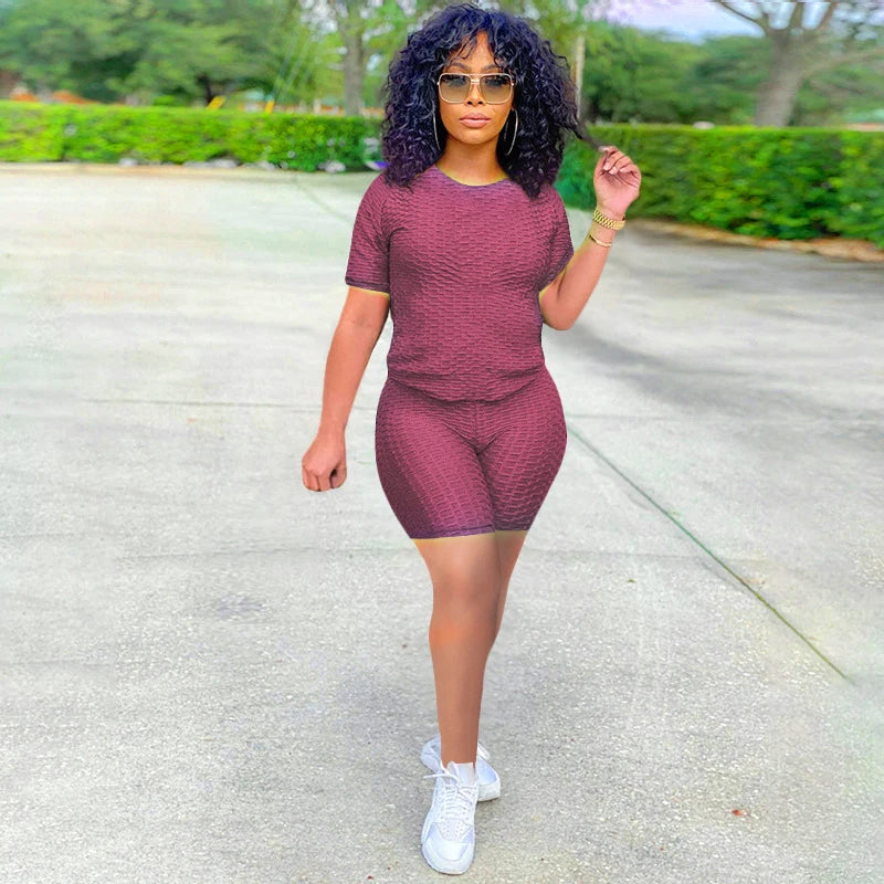 Texturized Sportswear O-Neck Solid Color Short Sleeve Women's T-Shirt + Shorts 2-Piece Fitness Workout Set