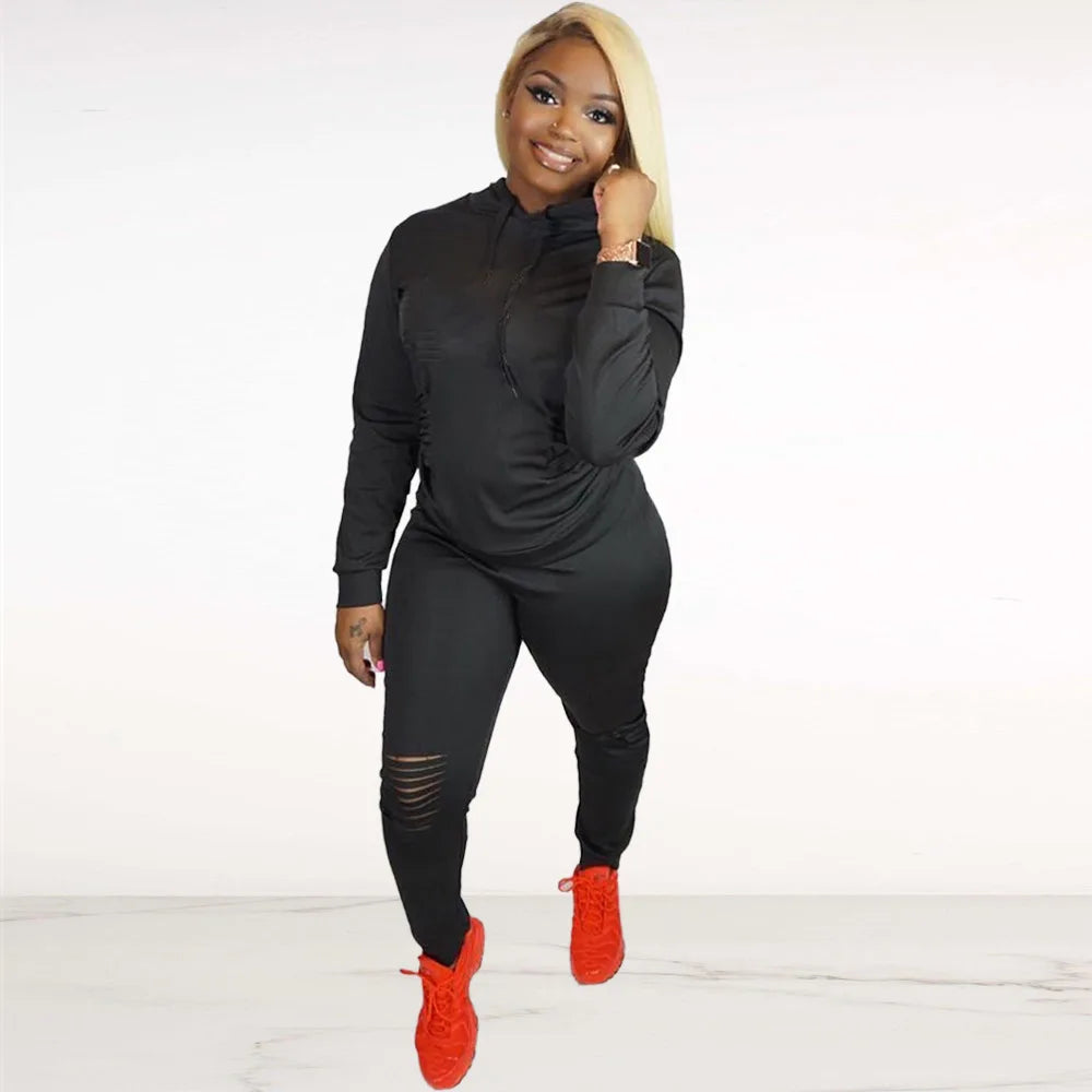 Drawstring Ripped Hollow-Out Women's Solid Color Hoodie Sweatshirt & Ripped Skinny Jogger Sweatpants Tracksuit
