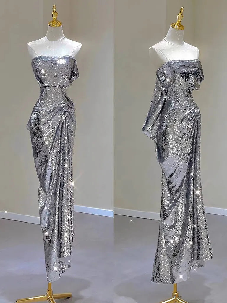 Silver Sequin Metallic Strapless Ruched Sleeveless Mermaid Formal Tube Dress