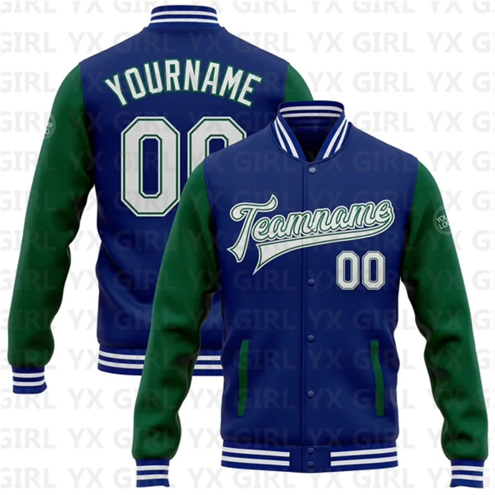 Customized Unisex 3D Letter Print/Team Name Personalized Royal White/Black/Gray Full-Snap Letterman's 2-Tone Baseball Button-Up Varsity Bomber Jacket