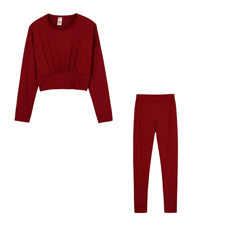 Ruched Fitted O-Neck Solid Color Women's Long Sleeve Crop Top + Leggings Tracksuit