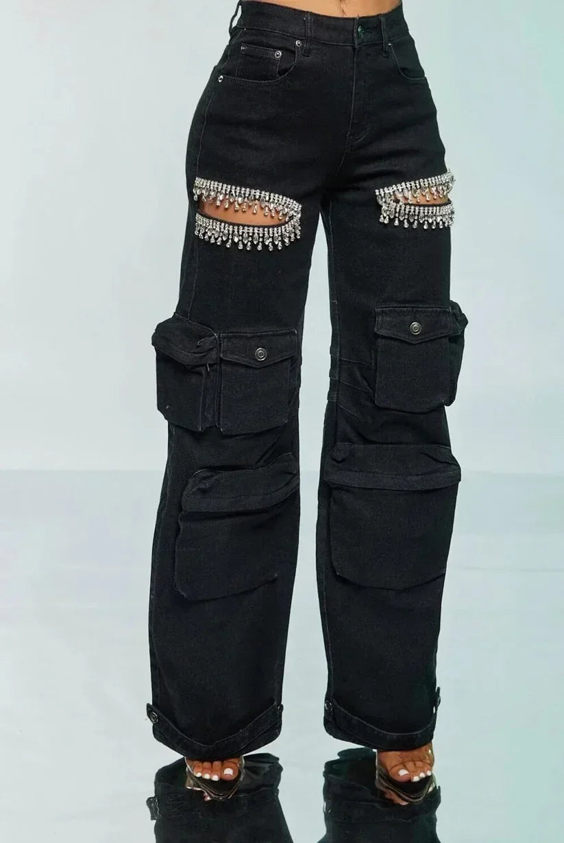 Denim Diamond Crystal Cut-Out Tassels Design Multi-Pocket Hollow-Out Straight High Waist Wide Leg Cargo Jeans