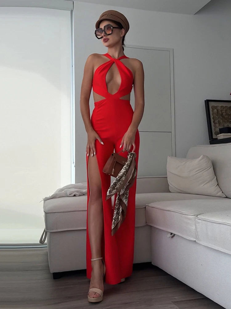 Red Designer Sleeveless Hollow-Out Bandage Backless Spilt Wide Leg Jumpsuit