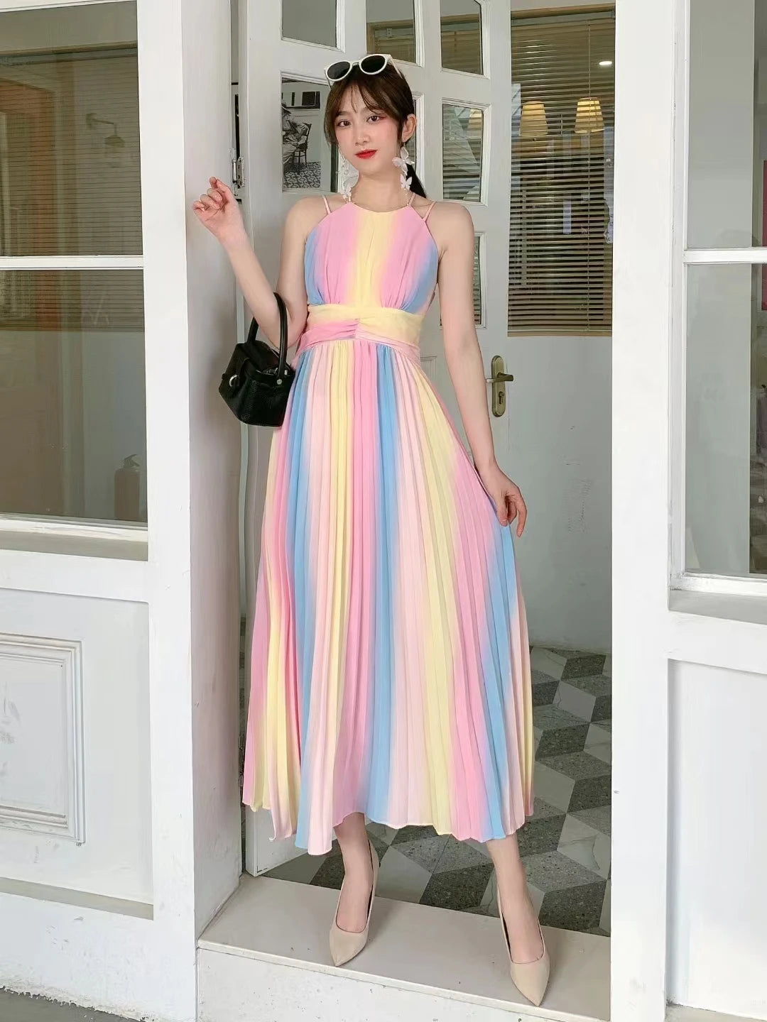 Pastel Rainbow Striped Colorblock Halter Spaghetti Strap Maxi Dress