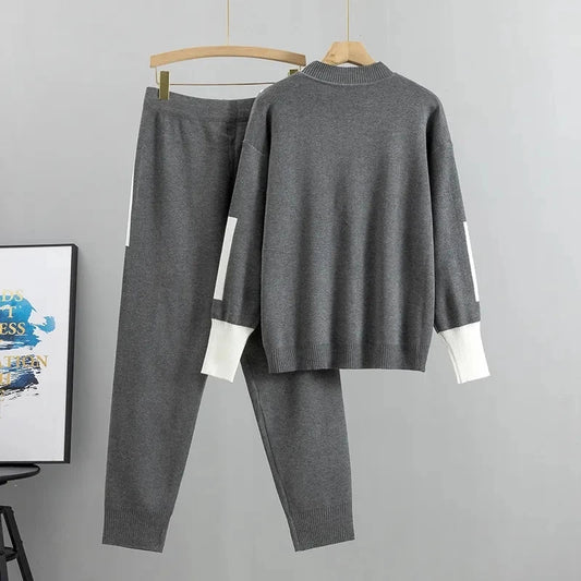 Knitted Long Sleeve Patchwork Pullover Sweater + Matching Pants 2-Piece Set