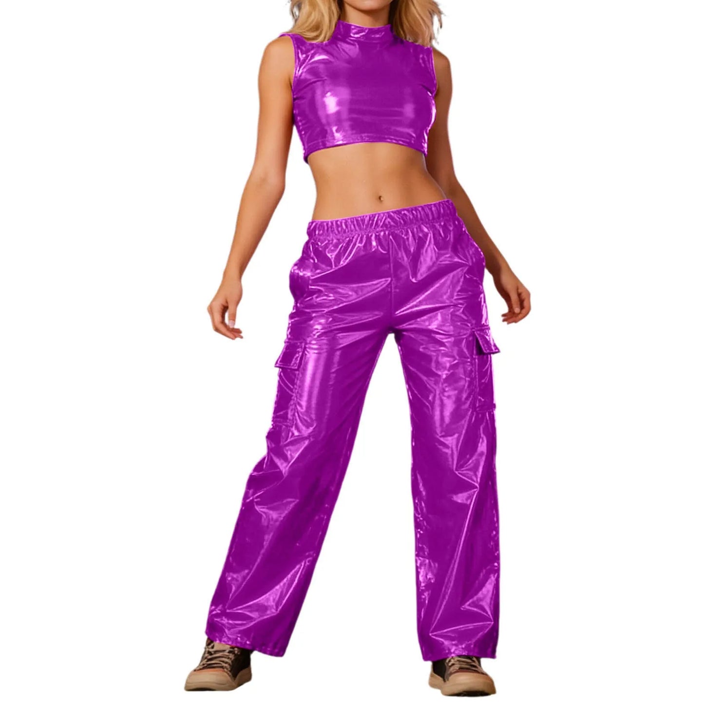 Faux Leather Metallic Solid Color Holographic Crop Vest Top + Elastic Waist Cargo Pants Women's 2-Piece Set