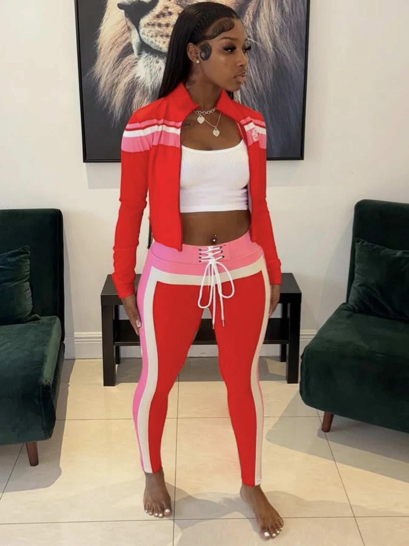 Colorblock Striped Patchwork Women's Long Sleeve Zipper Cropped Sports Jacket + Drawstring Spandex Skinny Leggings Tracksuit