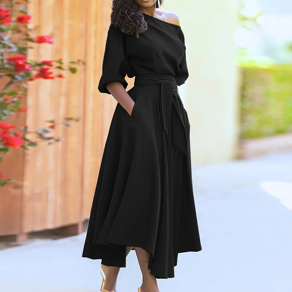 Slanted Neck 1/2 Sleeve Solid Color Sash Belted Flared Asymmetrical Dress