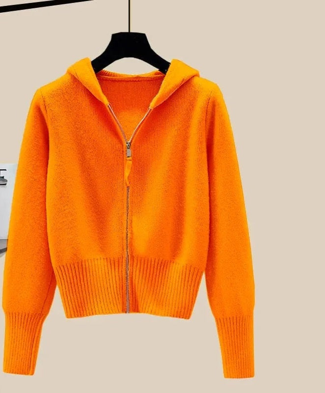 Hooded Solid Color Women's Long Sleeved Zipper Cardigan Sweater Jacket