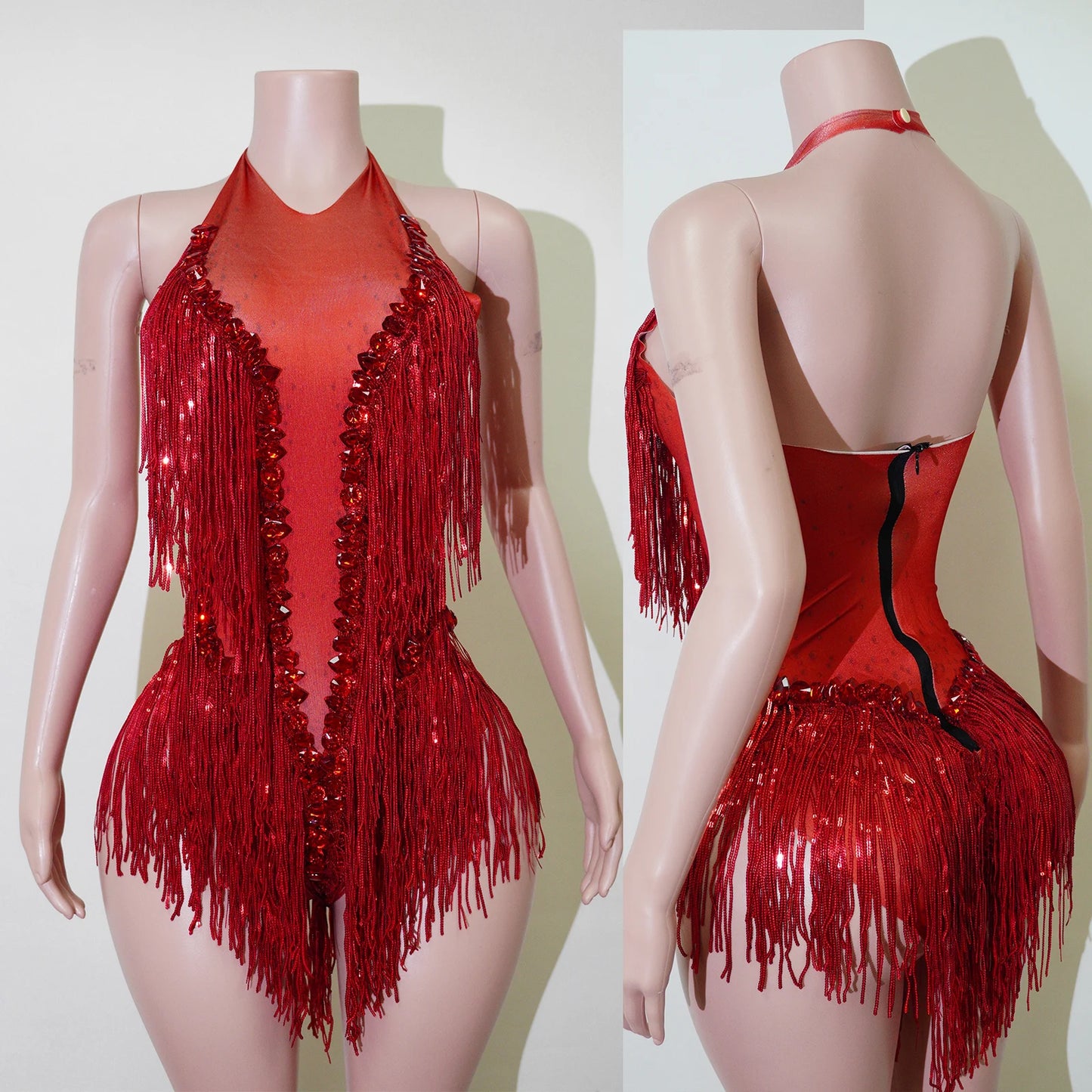 Tassel Fringe Design Sleeveless Zipper Back Sparkling Rhinestone Women's Formal Stage Dance Bodysuit