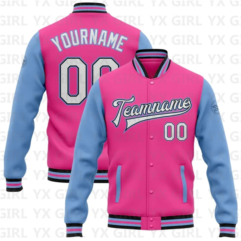 Customized Unisex Personalized Pink White-Kelly Green Letter/Team Name Print Full-Snap Varsity Letterman 2-Tone 3D Baseball Button Bomber Jacket