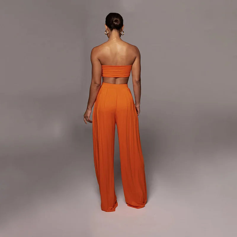 Sleeveless Bowknot Design Tube Top+ Wide Leg Pants Women's Solid Color 2-Piece Set