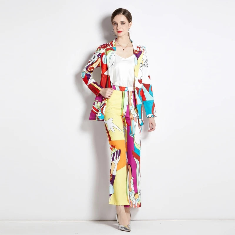 Colorblock Cartoon Print Trouser Suit Notched Blazer Jacket + Matching Flared Pants Ladies Suit