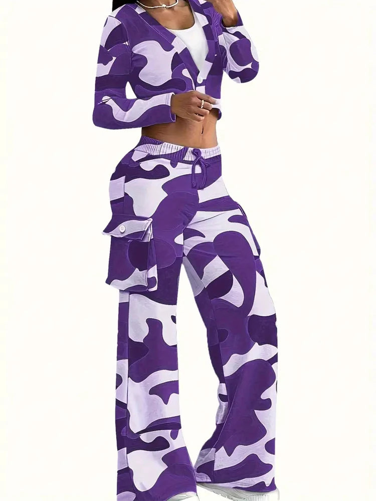 Colored Camoflauge Print Cropped Button-Up Jacket & Cargo Pocketed Elastic Waist Wide Leg Sweatpants Women's Tracksuit