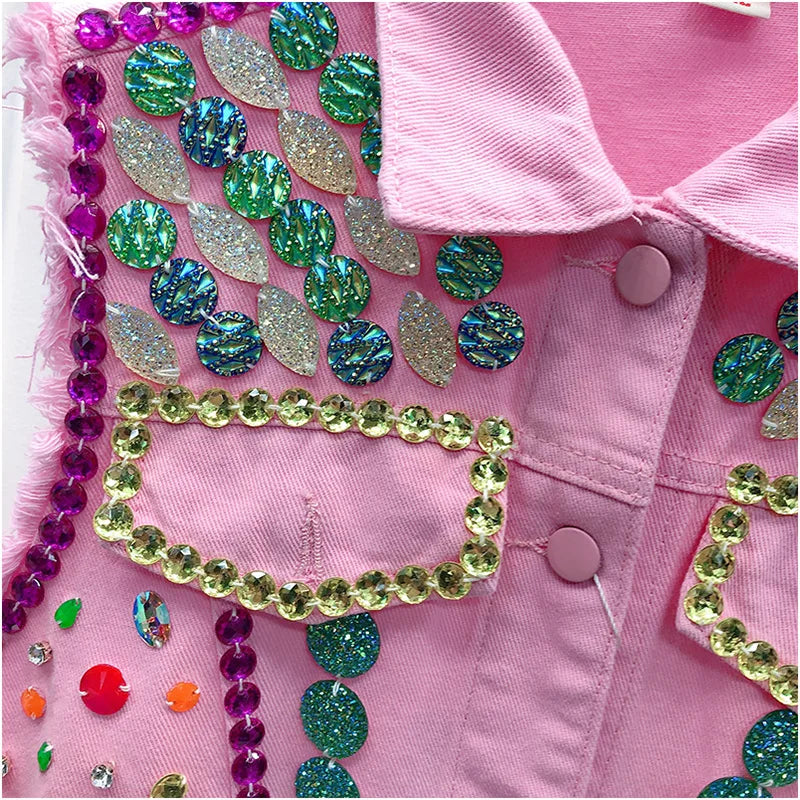 Pink Embellished Crystal Rhinestone Beading Denim Women's Vest