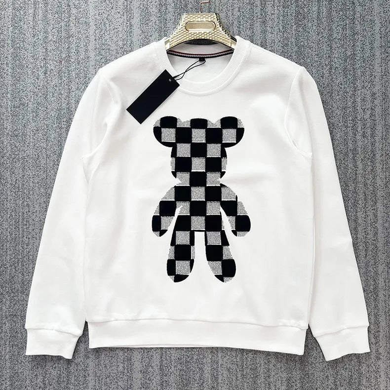 Men's O-Neck Rhinestone Checkered Teddy Bear Streetwear Sweatshirt