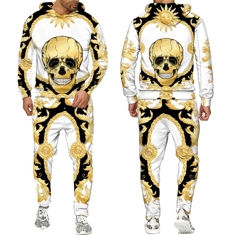Men's Leopard/Tiger/Dragon/Clock Medallion Baroque Printed Graphic Golden/Black/White 3D Pattern Hoodie Sweatshirt + Sweatpants Tracksuit