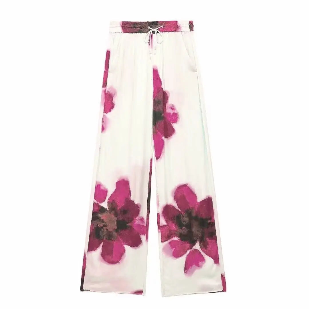Floral Stain Print Button-Up Blouse + Elastic Waist Wide Leg Pants Women's Casual 2-Piece Sets