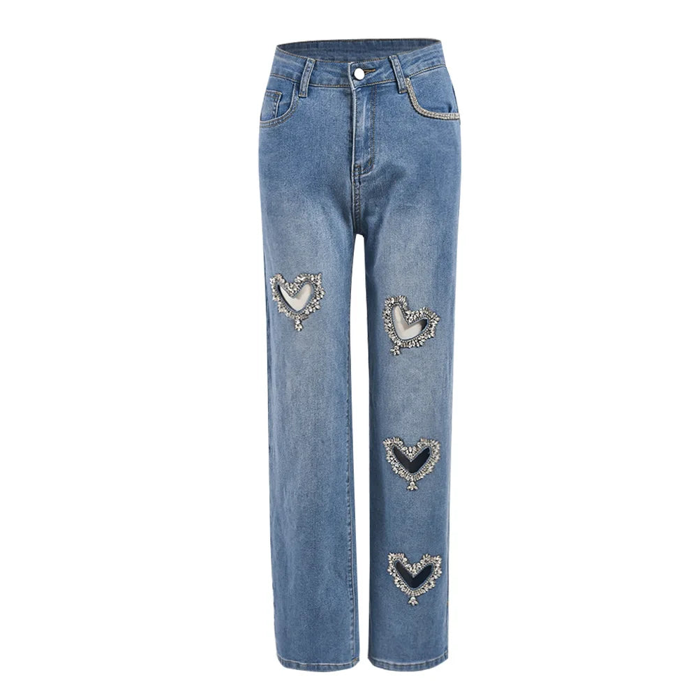 Women's Rhinestone Cut-Out Heart Design Patchwork Wide Leg Jeans