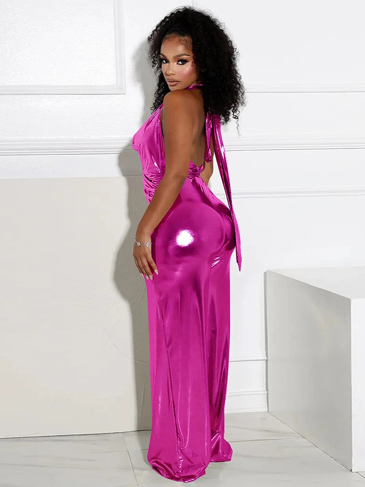 Metallic PU Leather Sleeveless Women's Draped Halter Neck High Waist Backless Pants Jumpsuit