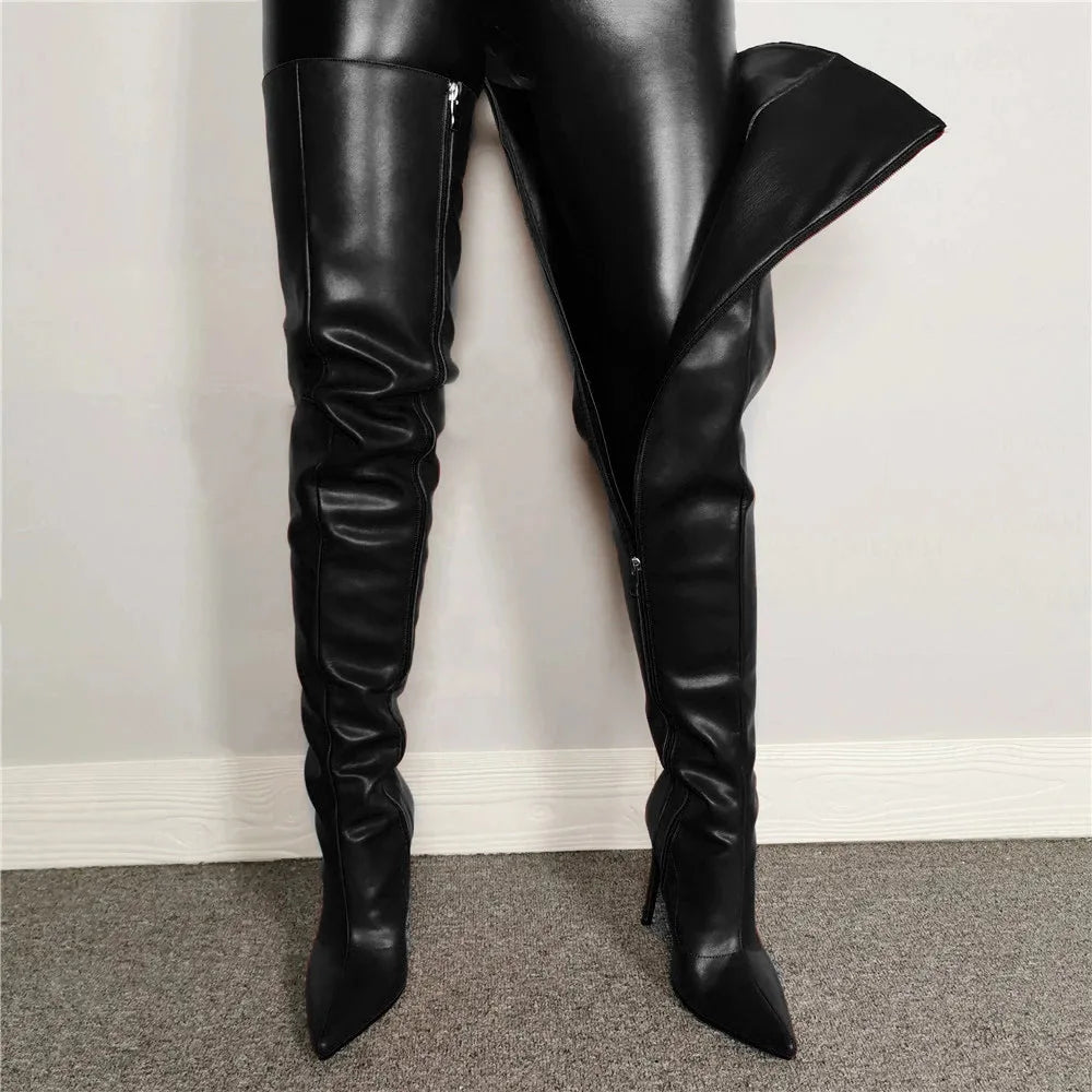 Solid Color Over-the-Knee Pointed Toe Stiletto Zipper Boots