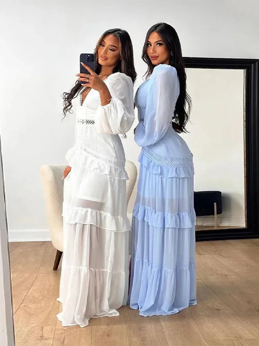 Layered Bohemian Tiered Ruffled Patchwork Design V-Neck Long Puff Sleeve High Slit Maxi Dress