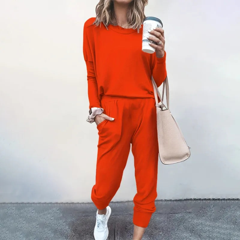 O-Neck Loose Fit Solid Color Long Sleeve Tops + Pants 2-Piece Set