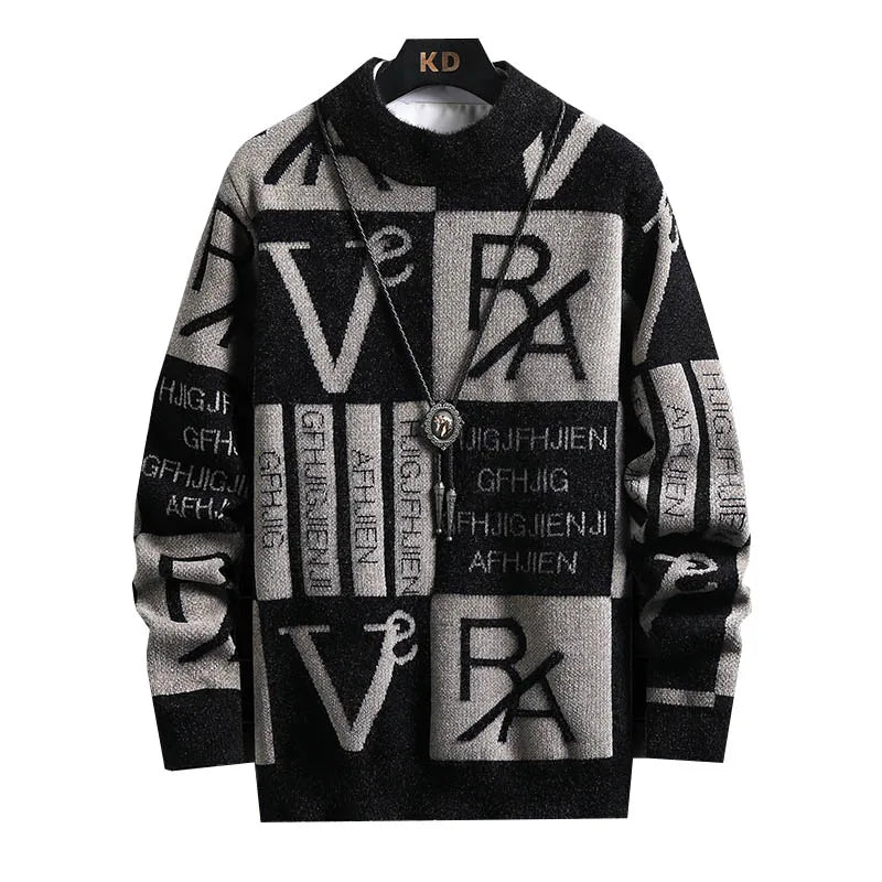 Men's Knitted Letter Geometric Colorblock Print Round Neck Pullover Sweater