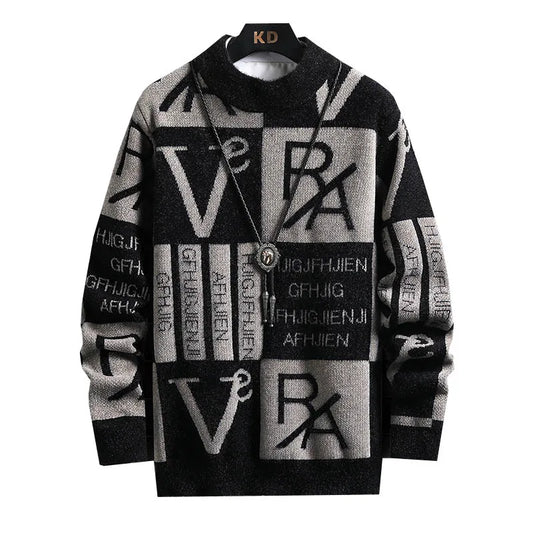 Men's Knitted Letter Geometric Colorblock Print Round Neck Pullover Sweater
