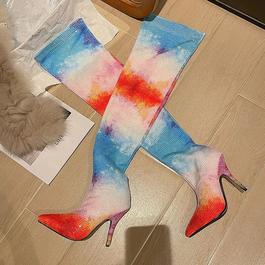 Ombre Rainbow Gradient Colorblock Tie-Dye Crystal Rhinestone Over-the-Knee Pointed Toe Stiletto Heel Boots