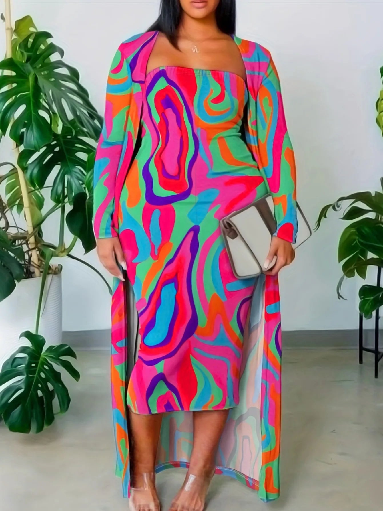 Geometric Print Multi-Colored Maxi Cardigan + Matching Strapless Maxi Tube Dress 2-Piece Set to 5X Plus Size