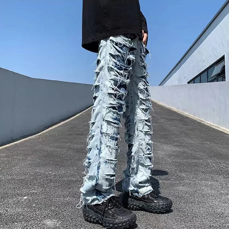 Men's Denim Ripped Fringe Grunge Y2K Streetwear Stacked  Hip-Hop Skinny Jeans
