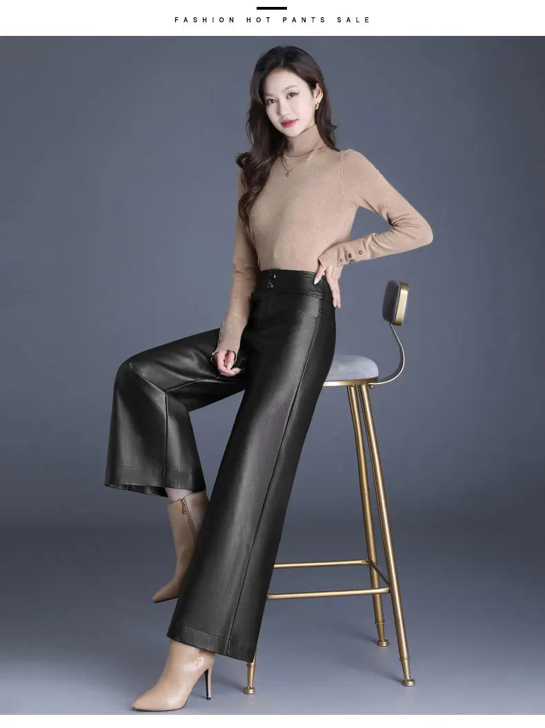 Designer Women's PU Leather Solid Color Wide Leg Pants
