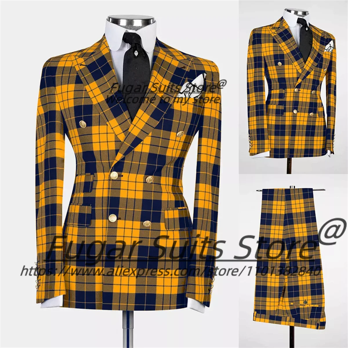 Men's British Plaid Gold Button Detail Double Breasted Tuxedo Blazer Jacket + Pants Formal Prom/Party/Wedding Suit