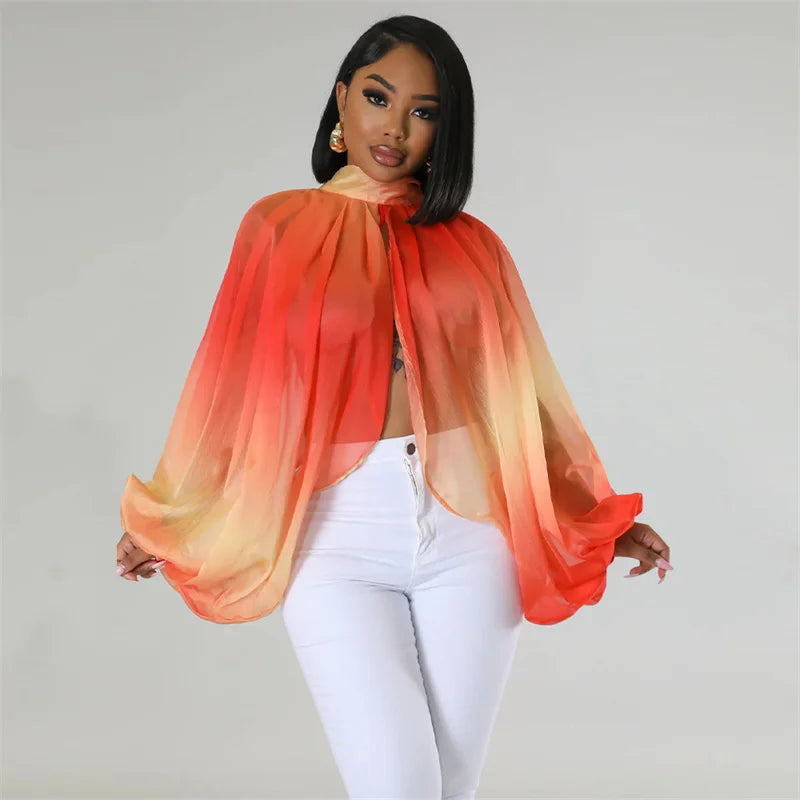 Chiffon Floral/Gradient Colorblock Sheer Front Slit Batwing Sleeve Women's Blouse