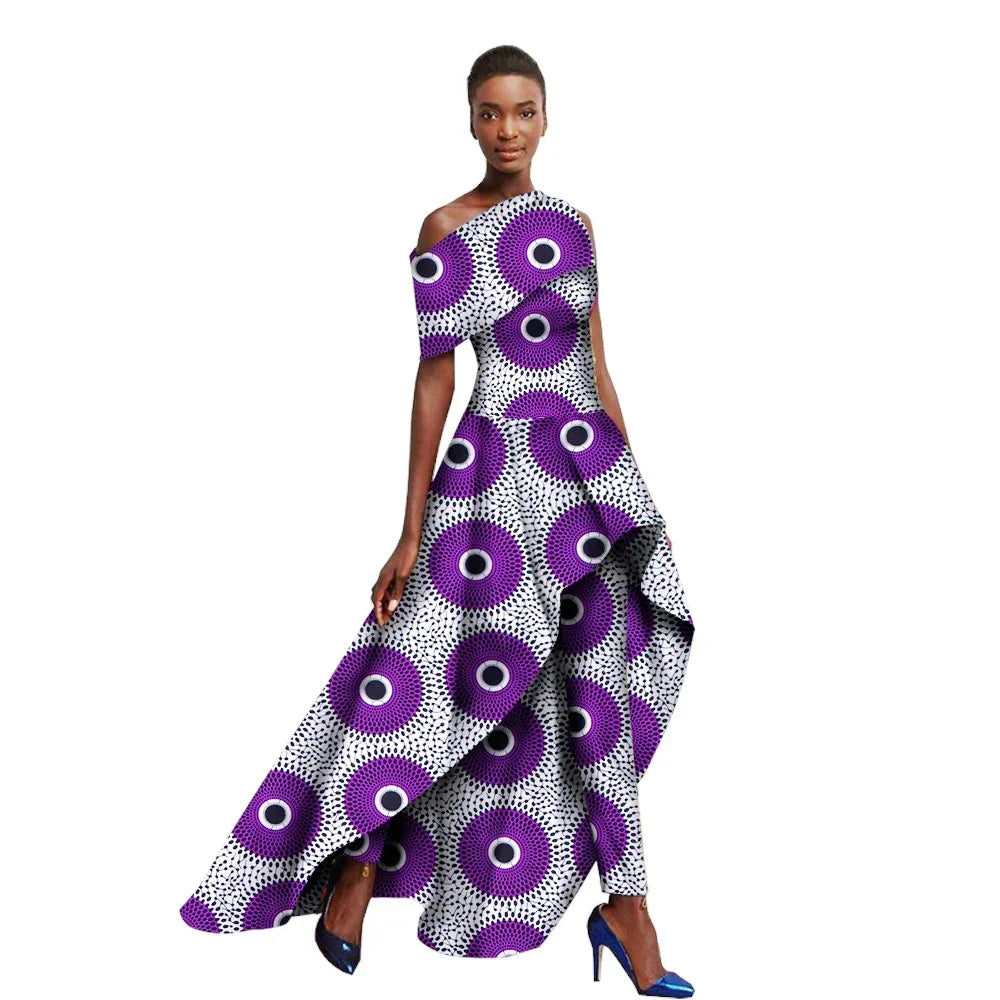 Asymmetrical Diagonal Hem Ankara African Print Short Sleeve O-Neck Maxi Dress + Pants 2-Piece Suit
