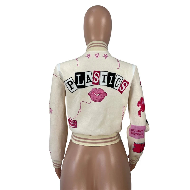 Patchwork Embroidered Ladies Single Breasted Letter Print Wool Varsity Baseball Jacket