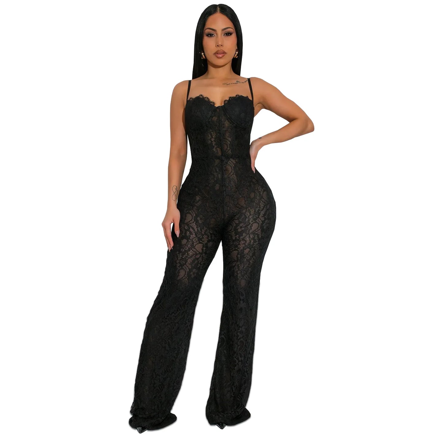Lace Sexy Sheer Mesh Sleeveless Spaghetti Strap Solid Color Formal Jumpsuit