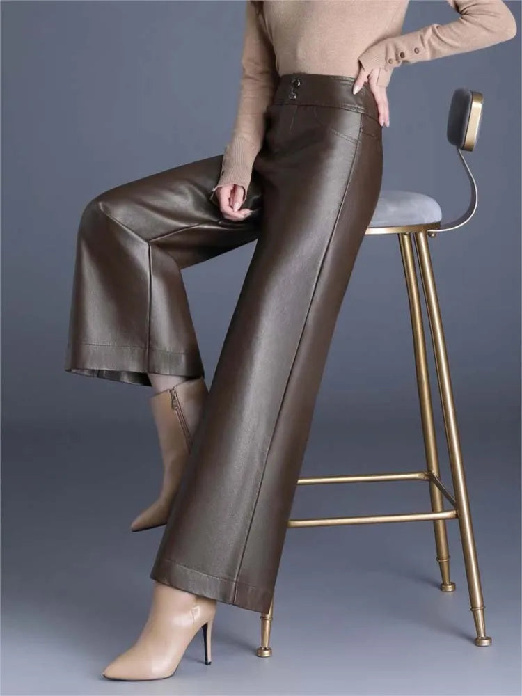 Designer Women's PU Leather Solid Color Wide Leg Pants