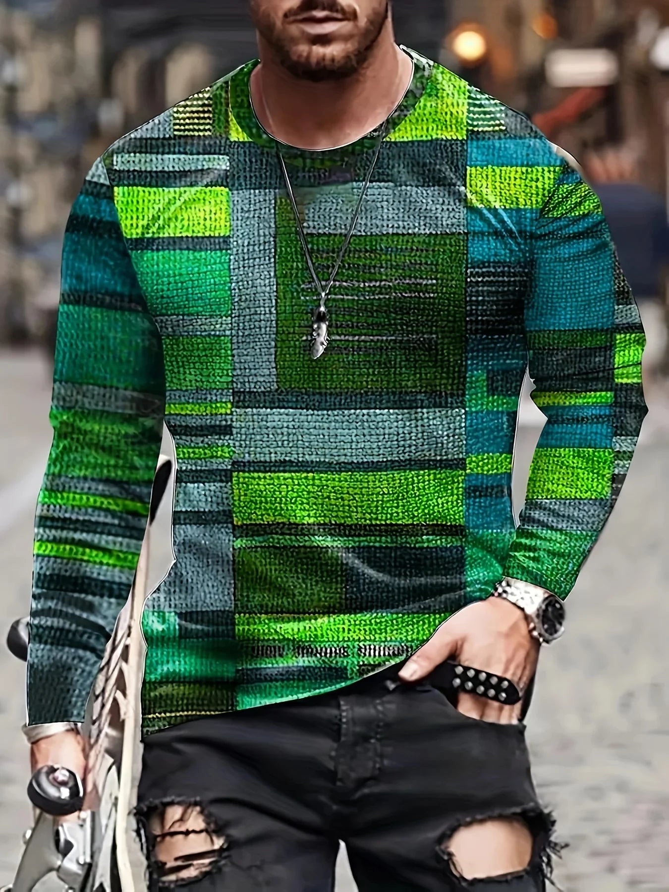 Men's Irregular Colorblock Plaid Pattern O-Neck Long Sleeve Pullover T-Shirts