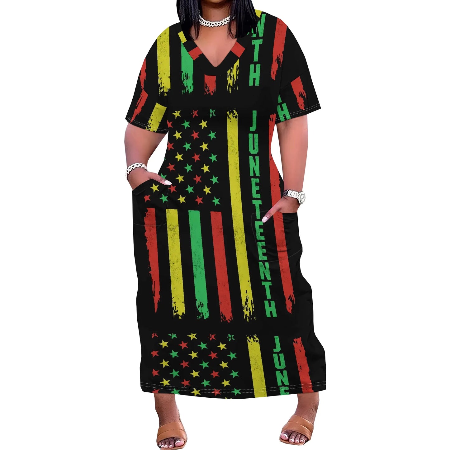 Juneteenth Flag African Colored Striped Short Sleeve Maxi Dress to 6X Plus Size