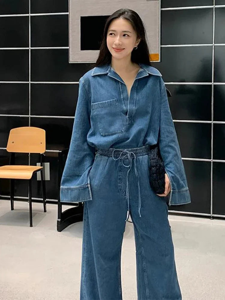 Denim Pocket Detail V-Neck Long Sleeve Pullover Jacket + Elastic Waist High Wide Leg Jeans 2-Piece Set