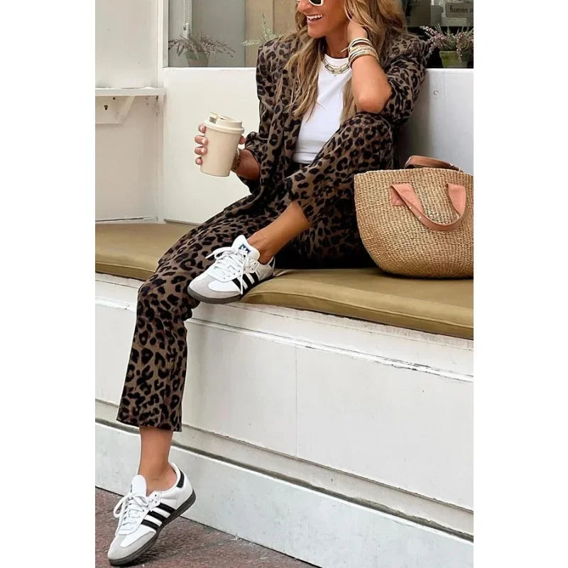 Leopard Printed Women's Long Sleeve Blazer Jacket + Trouser Pants Office Suit