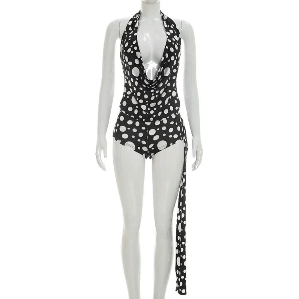 FLARORA Sexy Polka Dot Print 2 Piece Sets Woman Trend Halter V Neck Backless Ruched Tops And Ribbon Shorts Hottie Street Suits