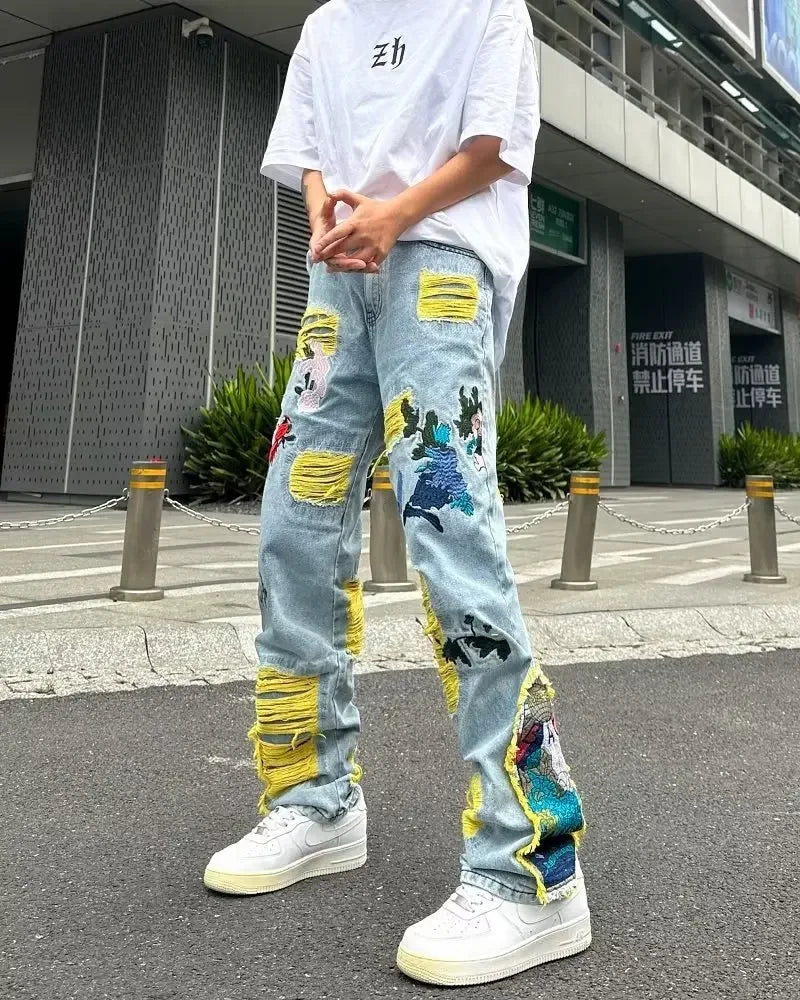 Streetwear Baggy Stacked Ripped Graphic Embroidered Hip Hop Jeans