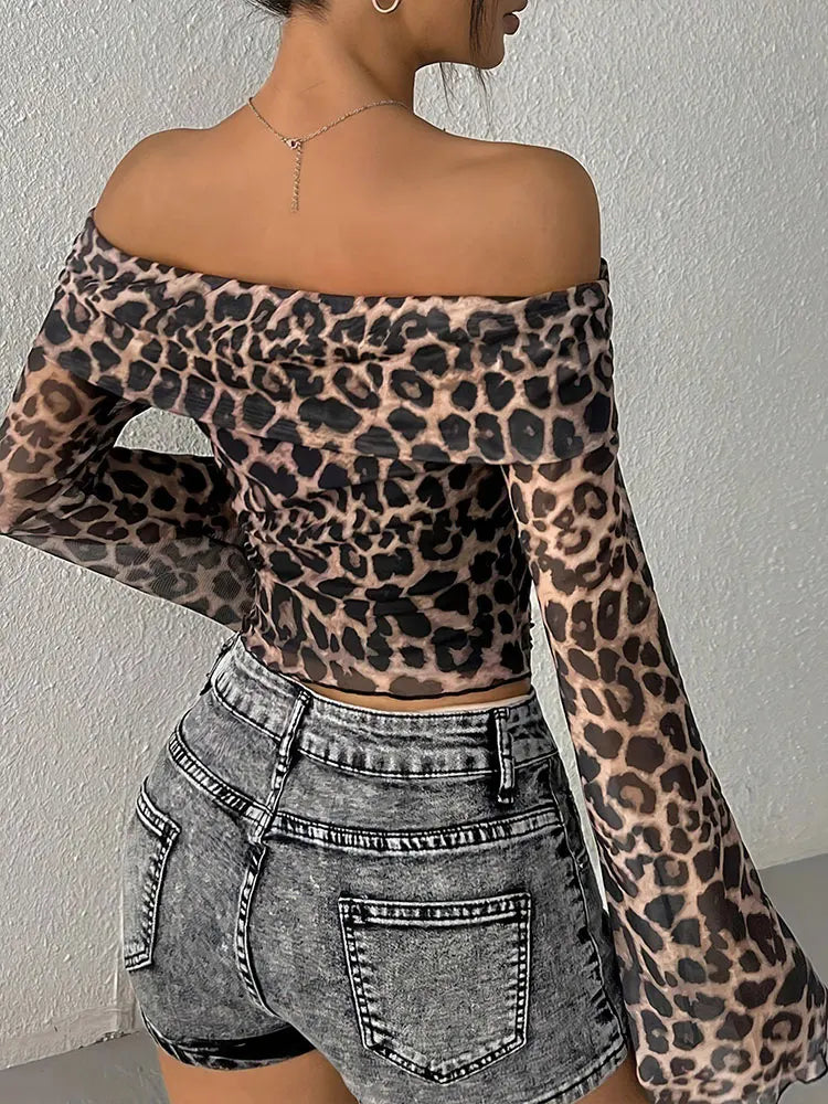 Leopard Print Off-the-Shoulder Streetwear Long Sleeve O-Neck Women's Shirt