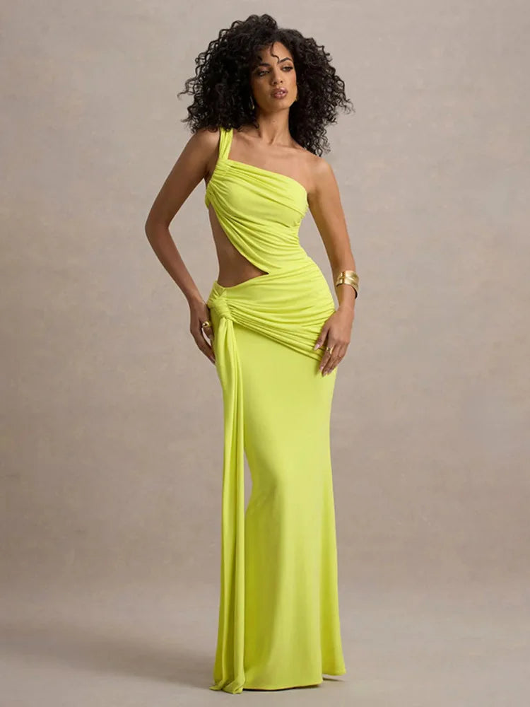 Irregular Ruched Hollow-Out One Shoulder Sleeveless Draped Bodycon Party Maxi Dress