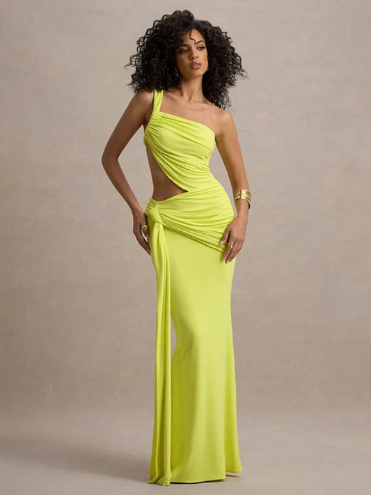 Irregular Ruched Hollow-Out One Shoulder Sleeveless Draped Bodycon Party Maxi Dress